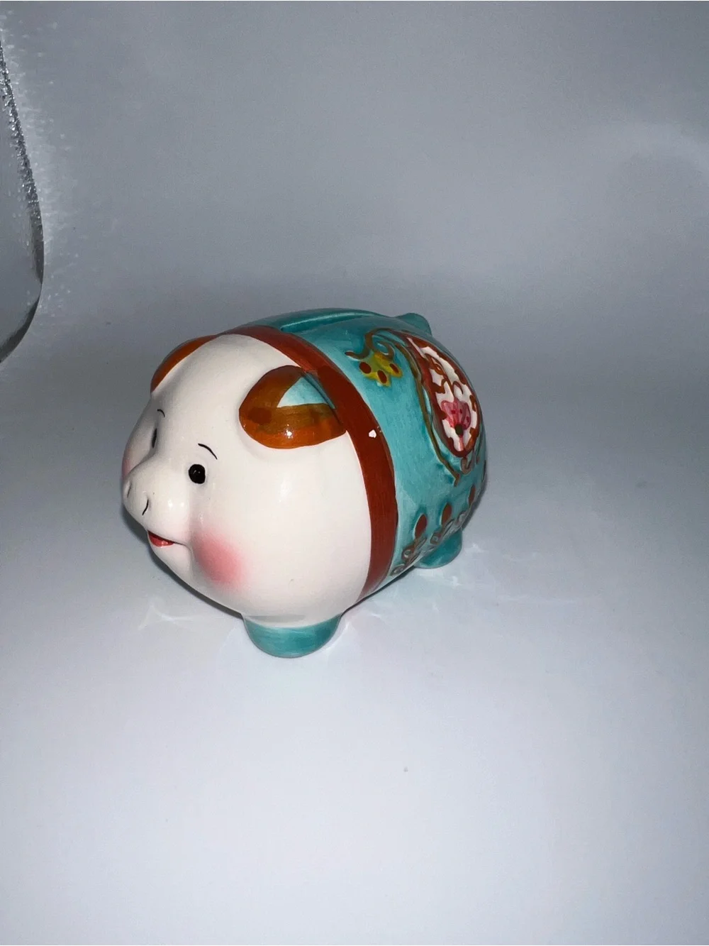 Ceramic Piggy Bank Figurine in Turquoise and White